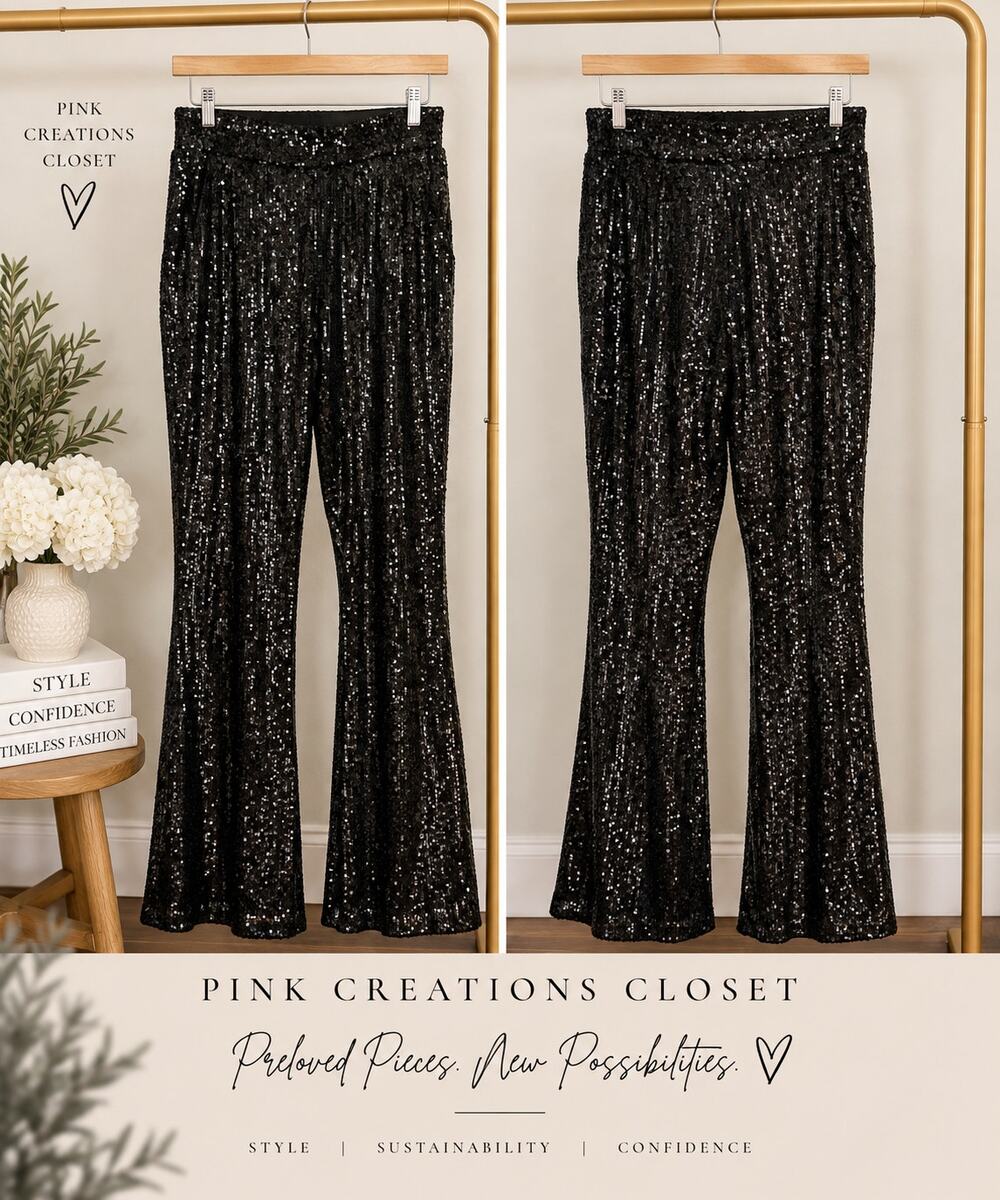 Black Sequin Wide Leg Flare Pants | High Rise Party Holiday Evening Pants
